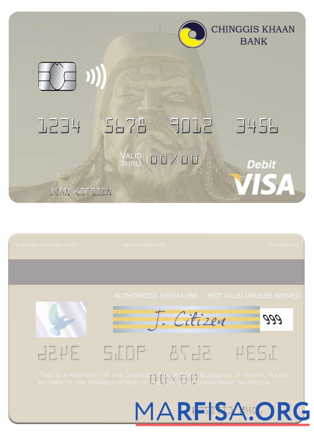 Printable Mongolia Chinggis Khaan Bank visa debit card template